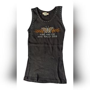 Vintage Black Biker Tank Top 🔥 Fire and Ice Rally 2008 🦋 Women's Size Medium
